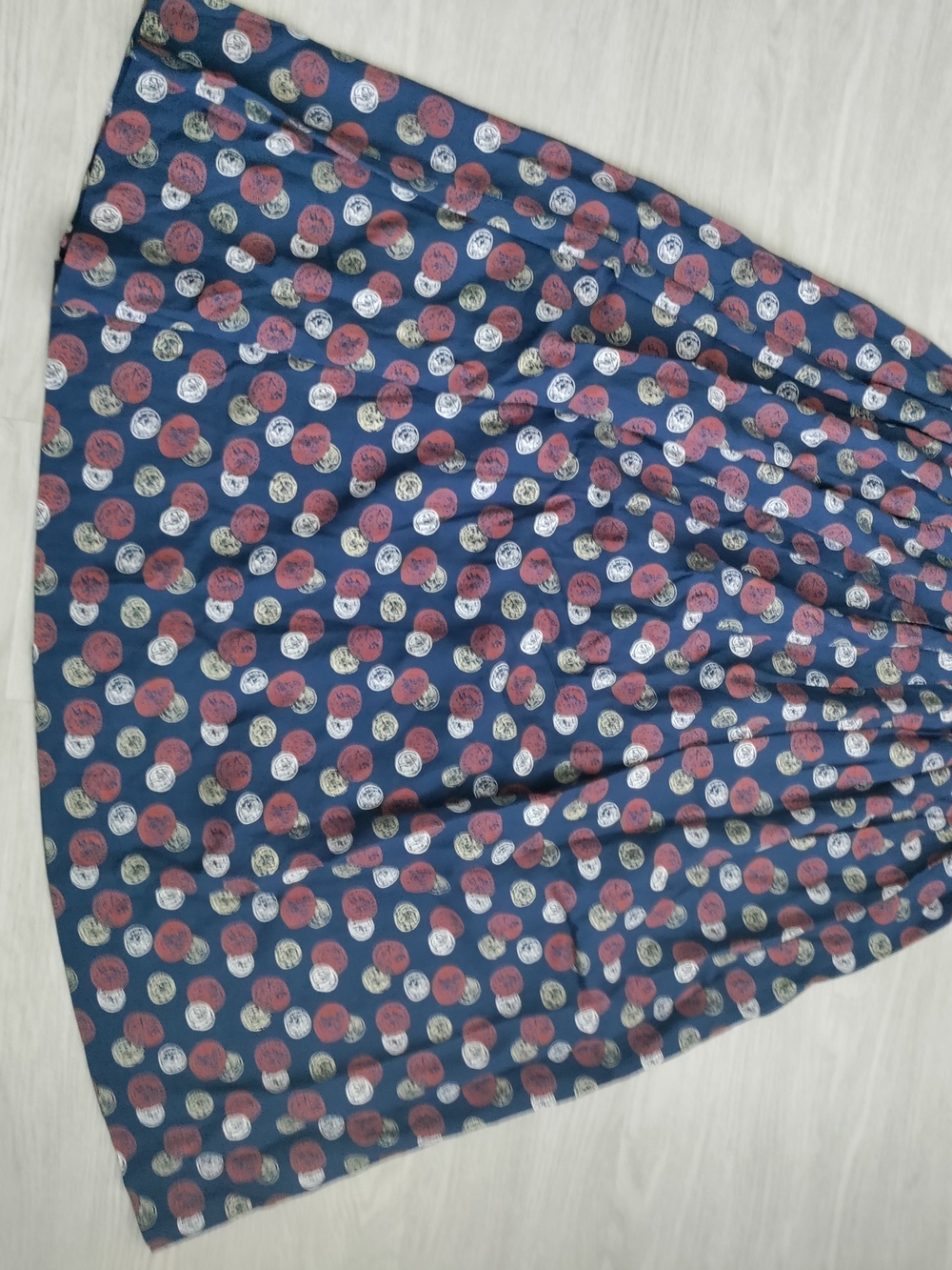 Navy Maxi Skirt with Red and Cream Dot Pattern